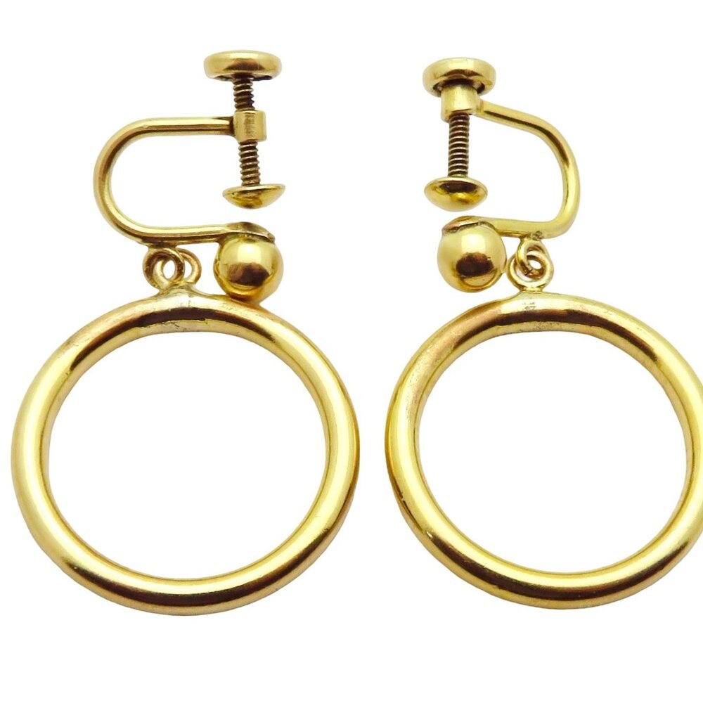 Vintage 1960s Marvella 12K Yellow Gold Filled Clip On Dangle Hoop Earrings